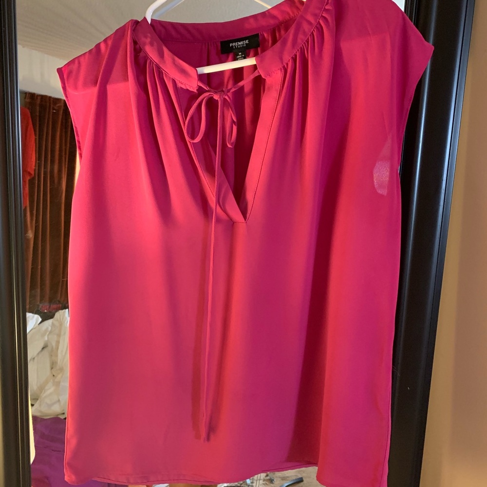Pink V-Neck Blouse with Tie Detail